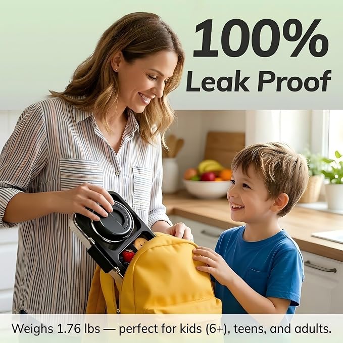 HOMEKOL Stainless Steel Bento Lunch Box + 9.5oz Insulated Food Jar, Black | 2-Compartment Leak-Proof Container for Kids & Adults, BPA/BPS-Free, 18/8 Metal, Dishwasher Safe, Clear Tritan Lid