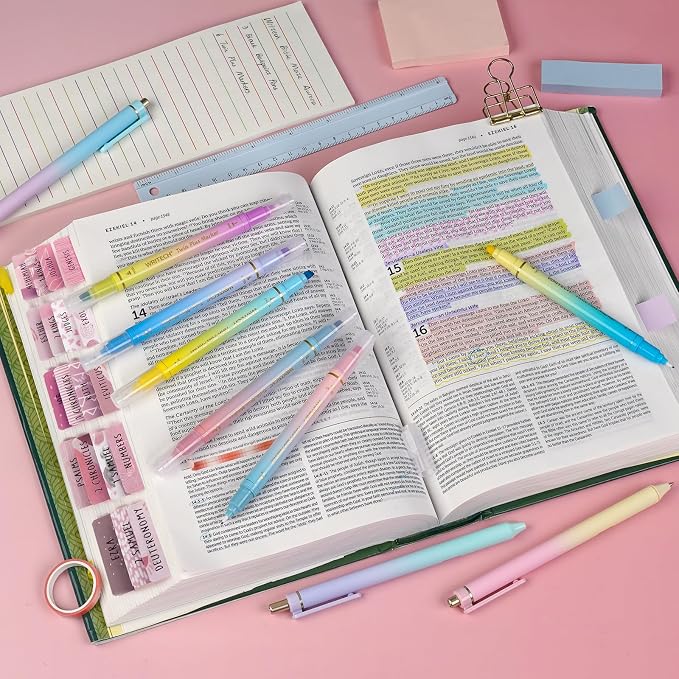 WRITECH Bible Mate Journaling Set: Highlighters & 1.0mm Ballpoint Pens 9ct | No Bleed Bible-Safe Dual Tip Highlighters + Black Pens Pastel Colors Quick Dry Ink Teachers Nurses Office