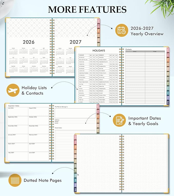 Academic Planner 2026-2027, Hardcover Leather Weekly and Monthly Calendar Planner from July 2026 - June 2027, A5 6.1" x 8.2" Daily Agenda with Tabs, College School Organizer for Student Teacher, Pacific Green