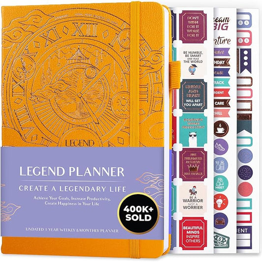 Legend Planner – Undated Weekly & Monthly Life Planner to Hit Your Goals & Live Happier, Organizer Notebook & Productivity Journal, A5 (Yellow, Gold)