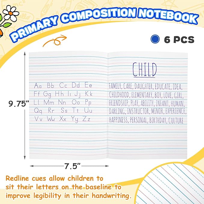 Henoyso 6 Pcs Primary Composition Notebook K-2, Wide Ruled 9.75" x 7.5" Journals, 60 Pages, Writing & Handwriting Practice for Kindergarten, 1st & 2nd Grade, Back to School Supplies (Blue)