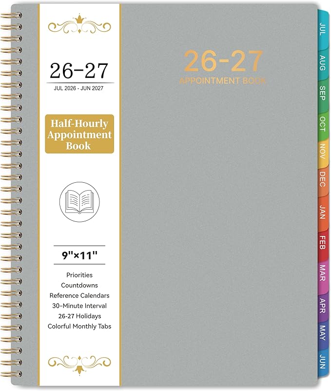 2026-2027 Appointment Book/Planner - Weekly & Monthly Planner, 9" x 11", Large, JUL. 2026 - JUN.2027, 30-Minute Interval, Daily Hourly Planner, Colorful Monthly Tabs, Inner Pocket, Grey
