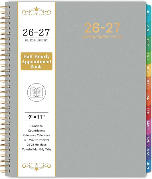 2026-2027 Appointment Book/Planner - Weekly & Monthly Planner, 9" x 11", Large, JUL. 2026 - JUN.2027, 30-Minute Interval, Daily Hourly Planner, Colorful Monthly Tabs, Inner Pocket, Grey