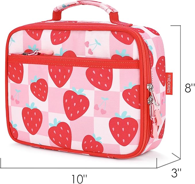 mibasies Kids Lunch Box for Girls Toddler, Insulated and Reusable Lunch Bag for School, Strawberry Checkerboard