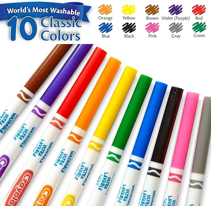 Crayola Ultra Clean Washable Markers - 12 Pack (10ct), Bulk Fine Line Markers for Classrooms, Kids, Nontoxic