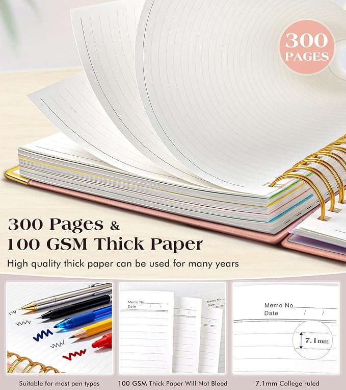 Spiral Notebook Journal with Removable Dividers Tabs, 300 Pages Hardcover Leather 5 Subject College Ruled Notebook, 8.5"x11" Large A4 Lined Journal for Women Men, Spiral Notebook for Work School, Pink