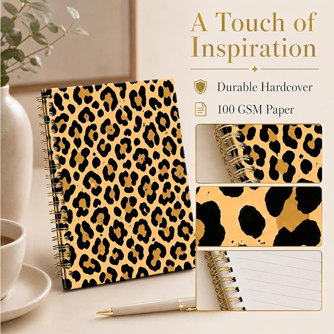 ATJFKIXL Cute Spiral Journal Notebook, A5 120 Page College Ruled Wirebound Notebook, Soft Cover for Students Office Notes and Planning - Brown Leopard Pattern