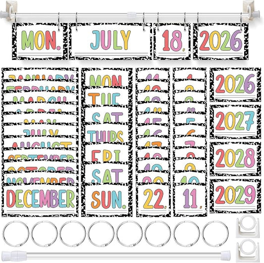 Composition Flip Calendar Bulletin Board Set Composition Flip Calendar for Classroom Decor with Adjustable Holder 2026-2029 Year 54 Date Cards for Preschool Elementary Teacher Supplies Back to School