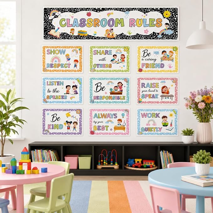 Classroom Rules Bulletin Board Set Colorful Composition Notebook Classroom Rules Paper Cutouts Motivational Educational Behavior Posters Wall Decor for Back to School Wall Door Decor Teacher Supplies