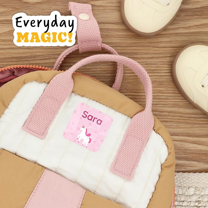 Camp Name Labels for Kids (33) – Custom Waterproof Stickers for Water Bottles, Lunch Boxes, Daycare & School with Unique Designs - Unicorn