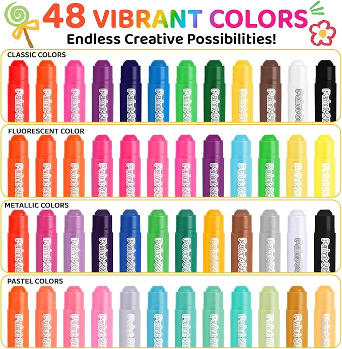 Solid Tempera Paint Sticks 48 Colors, Washable Paint Sticks Bulk, Quick Drying, Non-Toxic, Rainbow Colors Tempera Stick for Kids Toddler, No Mess Art Supplies for Paper Wood Glass Ceramic Canvas