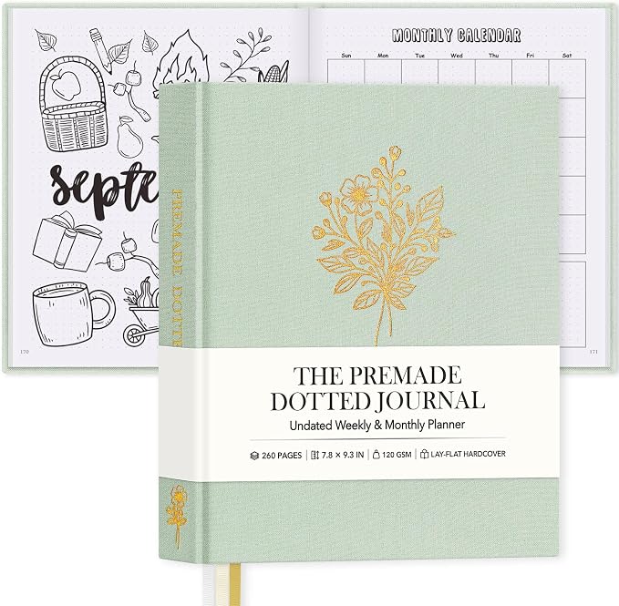 Everloria Premade Dotted Journal Notebook, 12 Months Pre-made Bullet Templates, 260 Hand-Drawn Coloring Pages, Undated Weekly & Monthly Planner, 7.8"x9.3" Linen Dot Grid Habit Mood Tracker, Sage Green