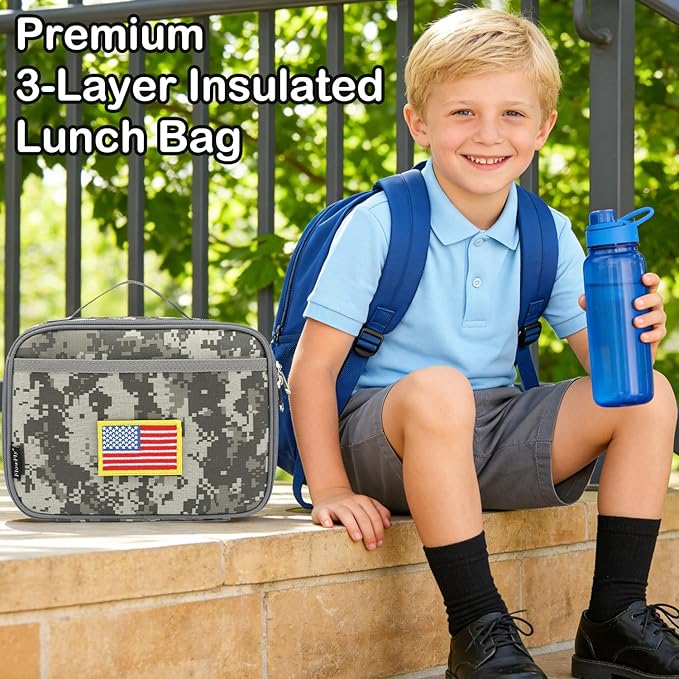 FlowFly Kids Lunch box Insulated Soft Bag Mini Cooler Back to School Thermal Meal Tote Kit for Girls, Boys, Free USA Flag Patch Included