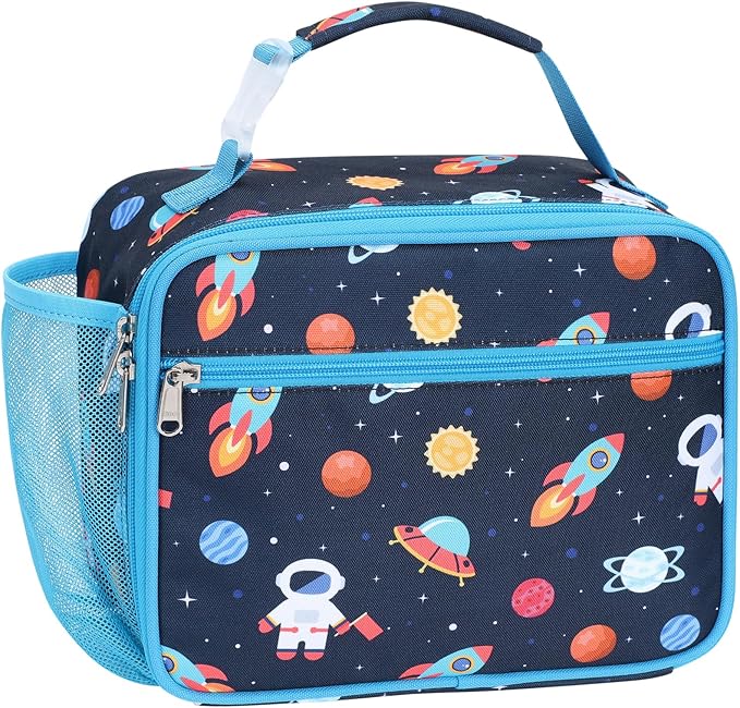 Bagseri Kids Lunch Bag Boys - Thermal Insulated Lunch Box Tote with Water Bottle Holder, Reusable Leak-Proof Kids Lunch Box for Daycare & School, Dark Blue Space Astronaut (Containers Not Included)