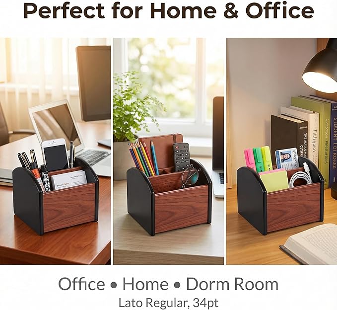 Wooden Desk Organizer with 4 Compartments, Remote Control Holder, Office Storage Caddy, 360-degree rotation Black and Brown Desk Organizer for Office Supplies