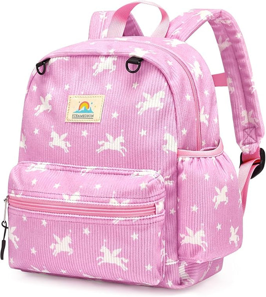 STEAMEDBUN Corduroy Toddler Backpack for Girls 2-4: Kids backpack for Boys Girls - 12 inch Preschool Kindergarten Backpacks - Pink Unicorn