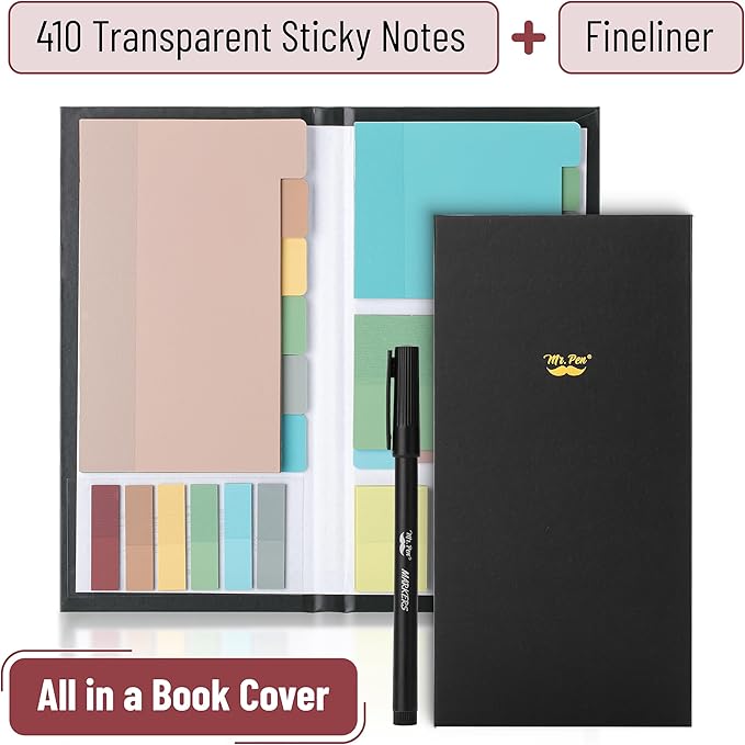 Mr. Pen- Transparent Sticky Notes Set, 410 Pack, Transparent Sticky Notes Tabs with Black Fineliner Pen for Bible Study, Office, School, Planning, Journaling & Organization
