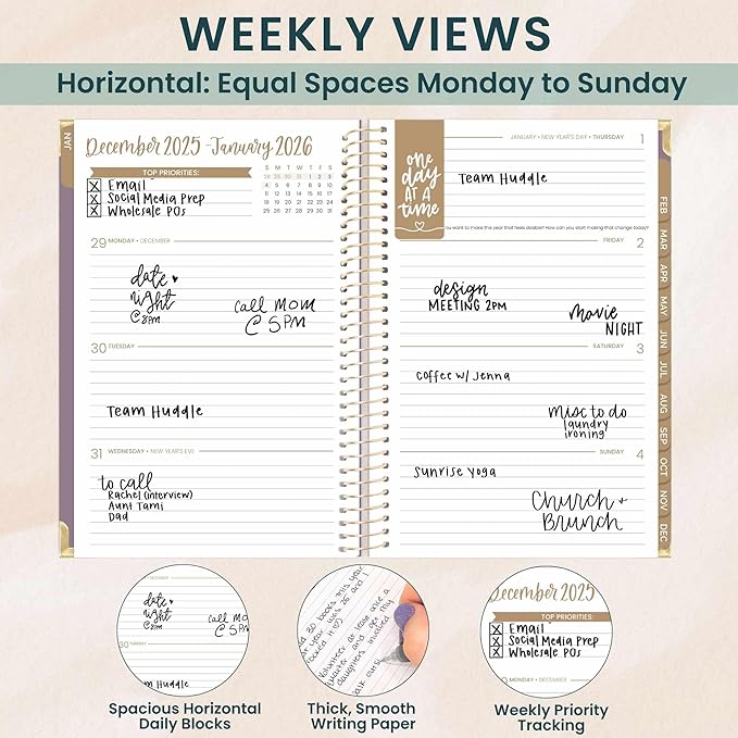 bloom daily planners HARDCOVER 2026 Planner for Women (January to December) - A5 Task Goal Organizer - Monthly & Weekly Inspirational Agenda Book - 5.5" x 8.25" - Linen, Purple