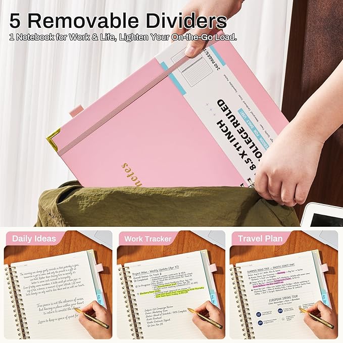 Hardcover Spiral Notebooks 8.5" X 11" Note Taking 5 Subject Notebook College Ruled with Dividers 240 Pages 100GSM Aesthetic Spiral Notebook for Work School Cute Journals for Women Writing, Light Pink