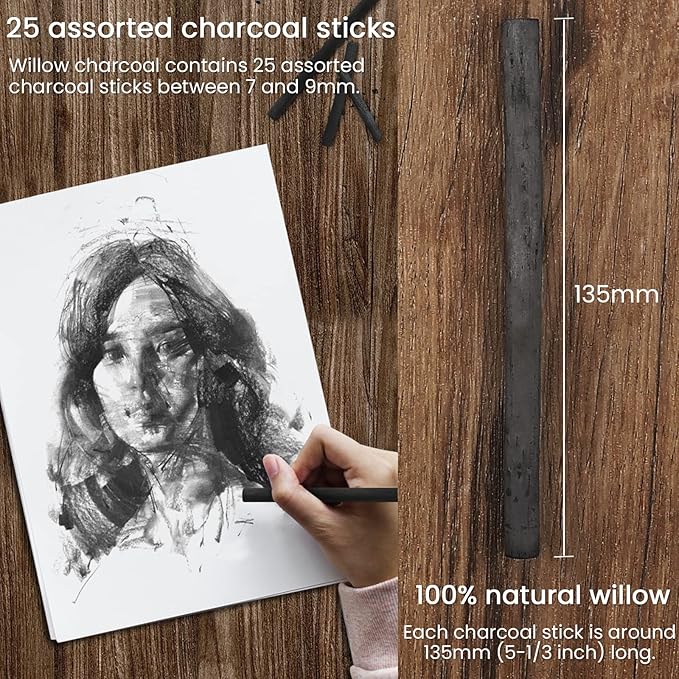 Willow Charcoal Sticks, Natural Willow Charcoal for Artists, Beginners, or Students of All Skill Levels, Great for Sketching, Drawing, and Shading, Approx 7-9mm in Diameter, Pack of 25