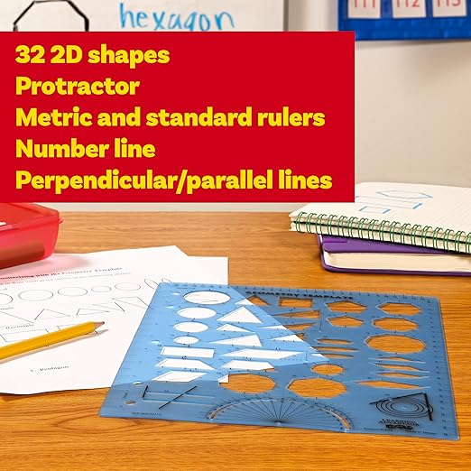 LEARNING ADVANTAGE Geometry Template | Sturdy Geometric Stencil to Draw 2D Shapes and Measure Angles | Includes Ruler and Number Line with Negative Values