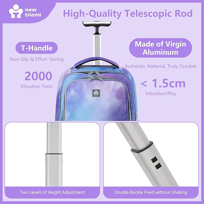 NEW TILAMI 20" Rolling Backpack for Teens Adults, Climbing Stairs Waterproof Backpack with Wheels for School Business Trave Camping with Laptop Compartment, Fit 17 Inch Laptop, Purple - Blue Fade