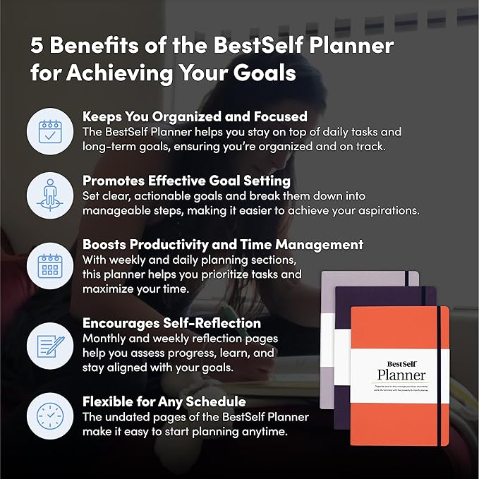 BestSelf Self Planner – 6-Month Undated Life Planner for Goal Setting, Time Management & Productivity – 7"x10" Navy Notebook