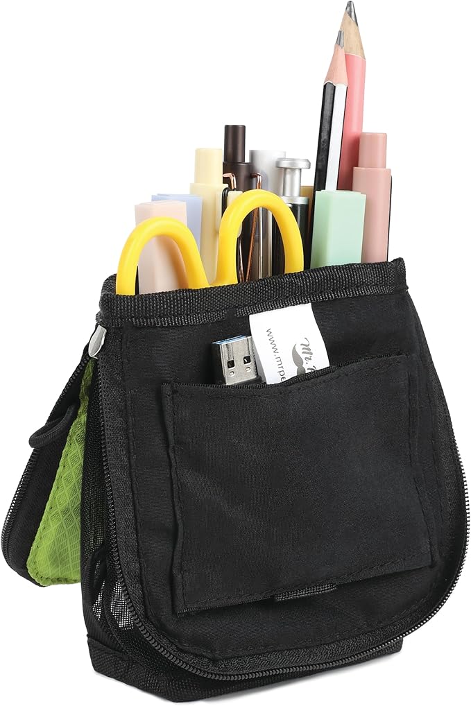 Mr. Pen- Standing Pencil Case Pouch, Sit & Lay Mesh-View Design, Black & Lawn Green, Interior Pocket & 2 Elastic Binder Loops, Cute Pencil Case for Girls and Boys