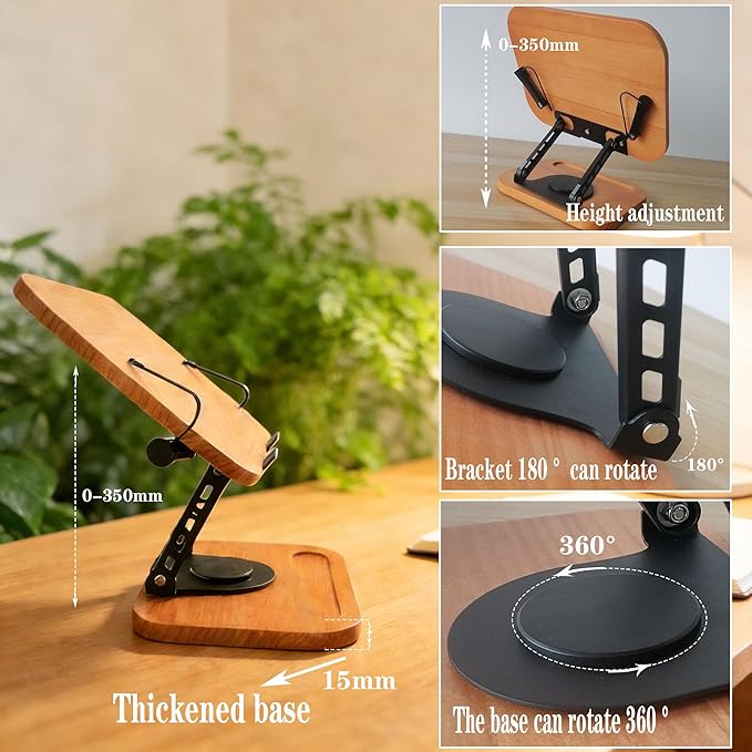 360° Rotating Solid Wood Book Stand - Adjustable Height & Angle, Built-in Storage Tray, Foldable Hands-Free Cookbook/Tablet/Laptop Holder for Kitchen/Office/Bedroom (No Assembly)