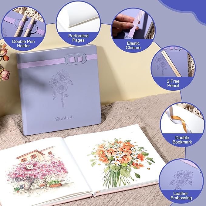 Yoment Hardcover Sketch Book, Sketchbook for Drawing with 2 Pencils, 150GSM Thick Paper, Square Art Sketch Book Drawing Paper Book 160 Pages Sketch Pad Journal for Women Adults,Gift Boxed,Purple