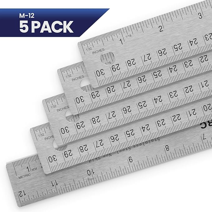 5 Pack | Pacific Arc Stainless Steel 12 Inch Metal Ruler Non-Slip Cork Back, with Inch and Metric Graduations