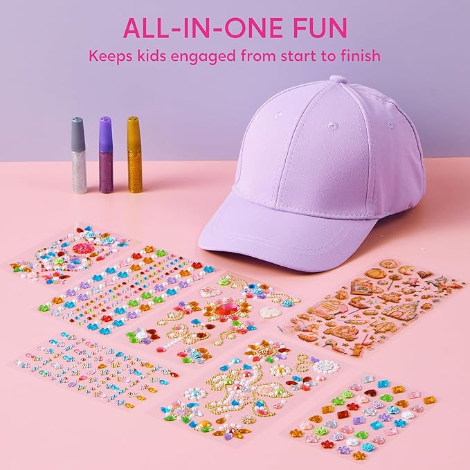 Klever Kits Gem Hat Kit for Girls, Decorate Your Own Baseball Cap with Gems Stickers, DIY Craft Kits for Kids Girls Toys Age 6-8