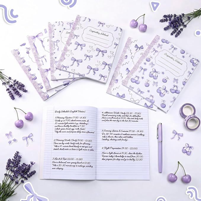 Fullhawl 6 Pack Composition Notebook College Ruled Bulk Light Purple Bow Composition Notebook Preppy Lavender Aesthetic for Back to School Supplies 110 Pages 9-3/4 x 7-1/2" for First Day of School