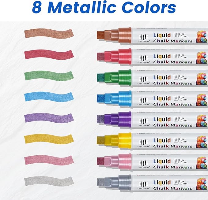 Liquid Chalk Markers 8 Colors Metallic Chalk Pens with 10mm 3 in 1 Nib, Drawing Erasable Markers for Glass Window Cars Mirror Chalkboard Whiteboard Blackboard