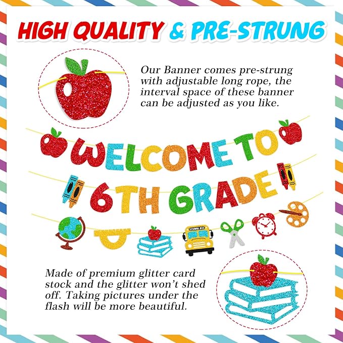 Welcome to 6th Grade Banner First Day of 6th Grade Party Decoration Welcome Back to School Hello 6th Grade Classroom Décor Elementary New Grade Theme Bulletin Board Party Supplies