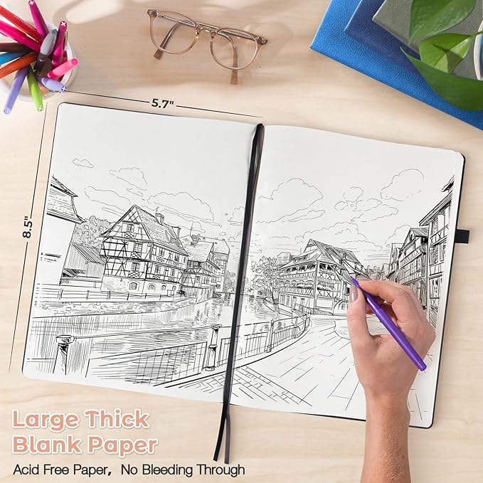 Blank Notebook, Hardcover Sketch Book, 8.5 x 5.5 Large Blank Journal, No Bleed Thick Paper Sketchbook for Drawing, Unlined Notebook Journal for Women Men School, A5 Leather Sketchbook, Lay Flat, Pink