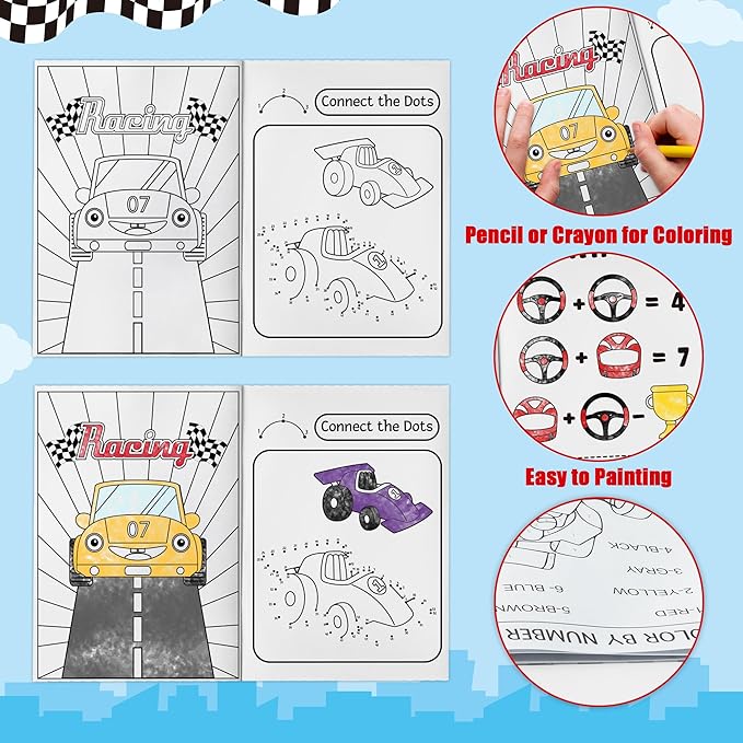 JAPBOR Race Car Coloring Books - 24PCS Mini Racing Cars Activity Color Books Bulk for Kid Party Favors, Truck Transportation Themed Small Colouring Pages for Birthday Gifts Class Drawing Painting Game