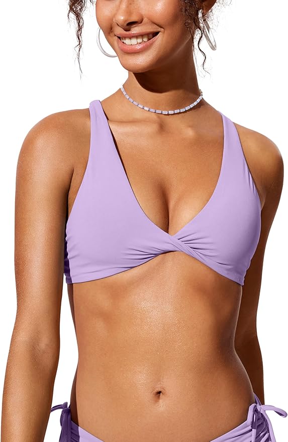 CRZ YOGA Twist Front Bikini Tops for Women - Padded V Neck Criss Cross Back Triangle Sexy Swim Bathing Suit