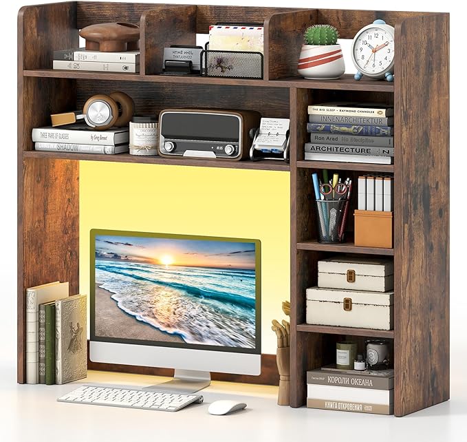 Giantex Desktop Bookshelf with LED Lights, 35.5" Desk Hutch Dorm for Up to 25 Inch Computer Monitors with Adjustable Storage Shelves, Wood Desk Organizer Shelves for Home Office (Rustic Brown)