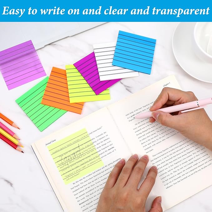 300 Sheets Lined Transparent Sticky Notes 3x3 Inch 6 Pack Clear Sticky Notes Reminder Tabs with Line Colorful Lined Post Note Reminder Tabs for Office Home College Meeting