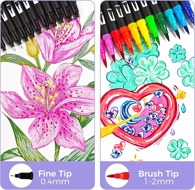 Artecho 72 Colors Markers for Adult Coloring Books, Dual Tip Markers for School, Fine and Brush Tip for Adults Coloring Books, Calligraphy, Drawing, Sketching