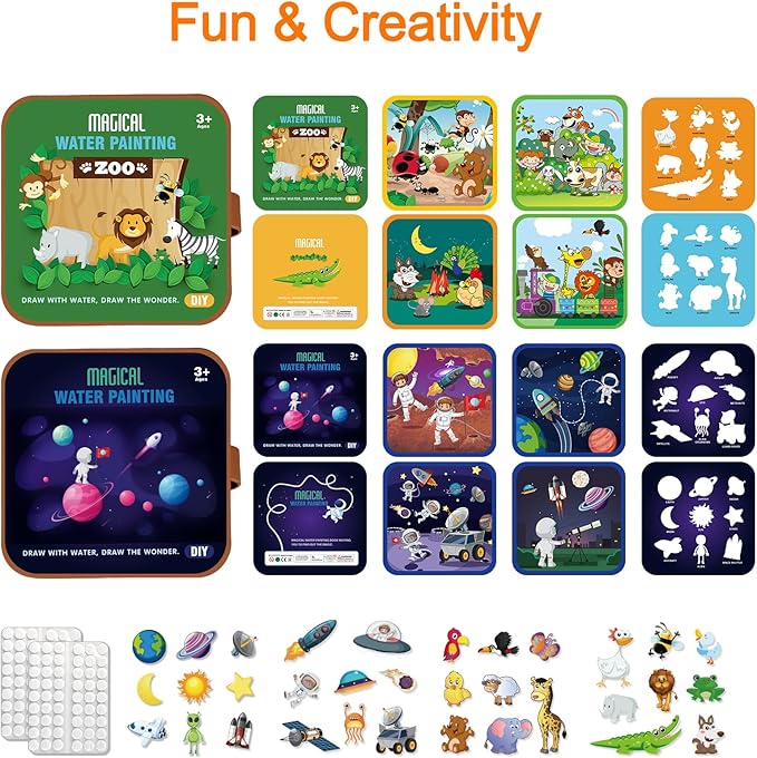 Seashang 2 Pack Reusable Water Coloring Book for Toddlers,Space & Zoo Themes Magic Water Painting Books Mess-Free Coloring Book with Water Pen for Kids Ages 3+