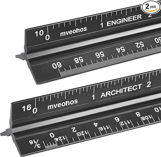 Architectural and Engineering Scale Ruler Set, Imperial Measurements 12'', Black Laser-Etched Aluminum Architect Triangular Ruler for Architects, Students, Draftsman, and Engineers