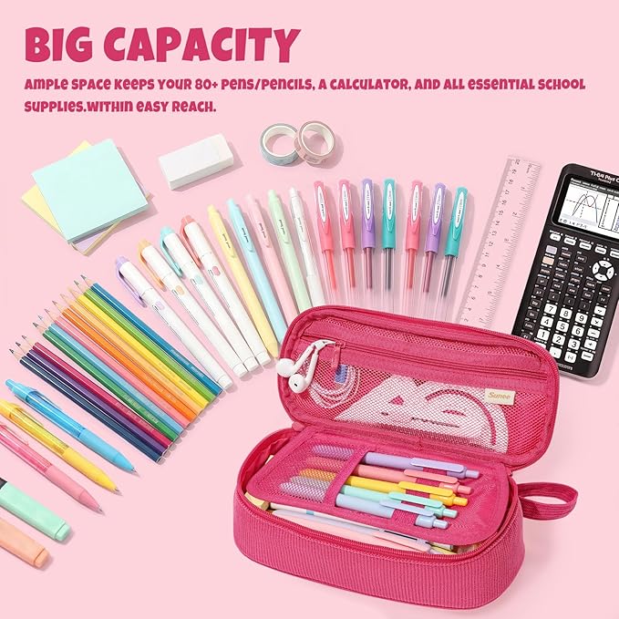 SUNEE Cute Pencil Case, Large Capacity Pencil Pouch, Soft Corduroy Pencil Bag, Big Storage Pen Organizer for Stationery, Aesthetic Pencil Box, Back to School Supplies for Teen Girls Boys, Berry Pink