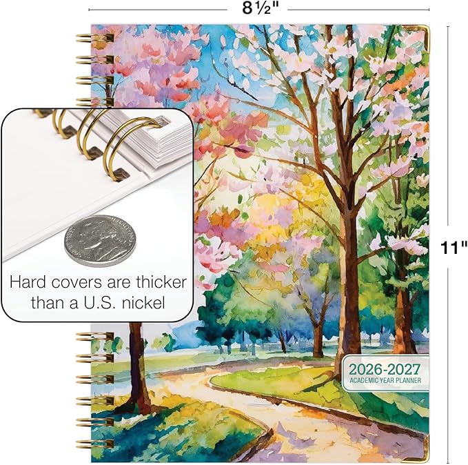 HARDCOVER Academic Year 2026-2027 Planner: 14 Months (May 2026 Through June 2027) 8.5"x 11" Daily Weekly Monthly Planner Yearly Agenda. Bookmark, Pocket Folder and Sticky Note Set (Watercolor Tree)