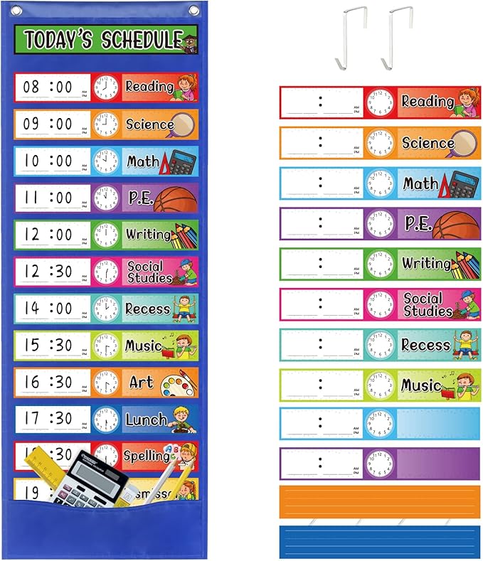 Daily Schedule Pocket Chart Kit,40 Bright Attractive Double-Sided Reusable Erasable Cards,1 Title Card,13+1 Scheduling Pocket Chart with 2 Hangers for Classroom Office Home Preschool Learning (Blue)