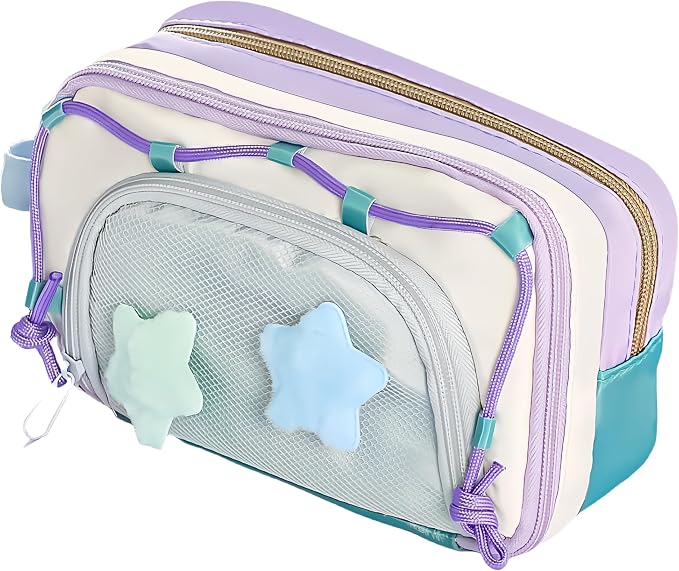 Portable Kawaii Star Pencil Case Cute Japanese Pencil Box (Purple) | With 2 Detachable Star Pins, Large Capacity Multi-Layer Storage, Korean Pastel Pencil Case, Cute Supplies Pencil Pouch Purple