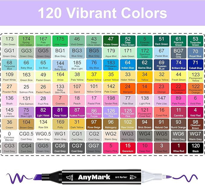 AnyMark Alcohol Markers, 120 Colors Dual Tip Art Coloring Markers Set for Adult Book Drawing Sketching Painting, Chisel & Fine, Black Penholder