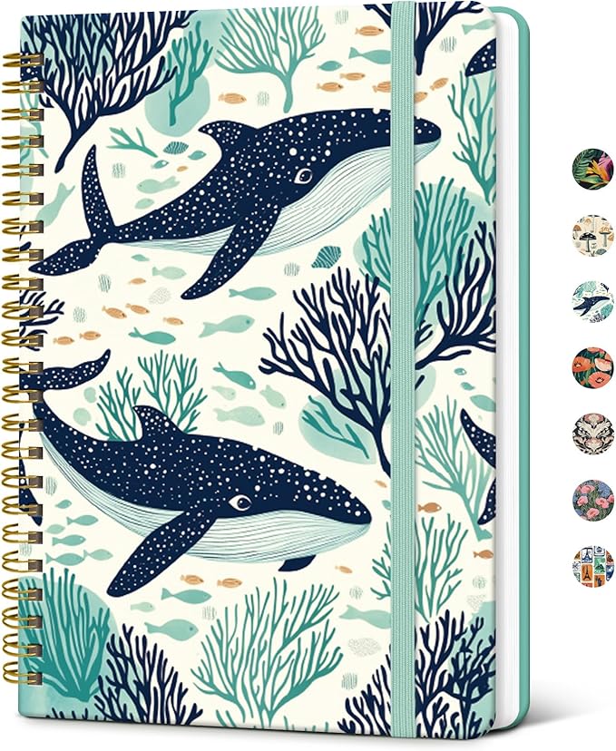 Taja Lined Spiral Journal Notebook for Women, A5 Cute College Ruled Hardcover Notebook for Work & Note Taking, Pretty Journal for Writing, 140 Pages, Drifting Whales