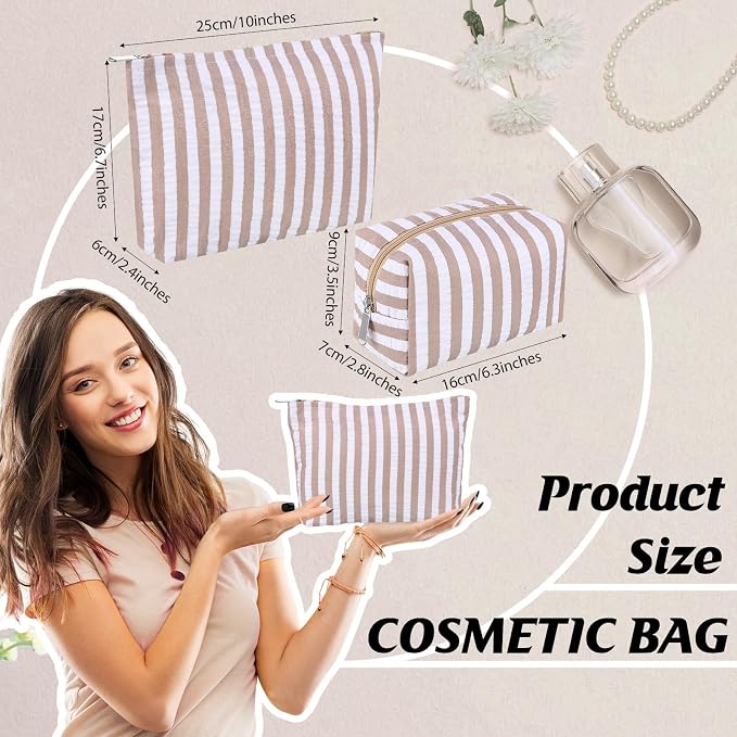 Huhumy 2 Pcs Makeup Bag Set for Women, Khaki, Wide Striped Seersucker | Cute Cosmetic Pouch Women Travel Toiletry Bag Preppy Small Makeup Purse Pouch Aesthetic Skincare Brushes Storage Organizer